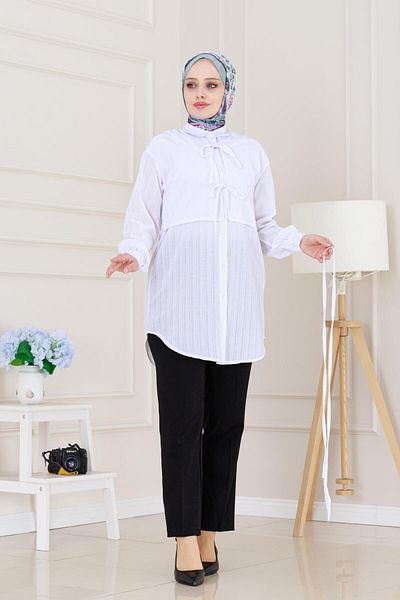 Sevitli Cepken Detailed Tie-Up Linen Tunic-White