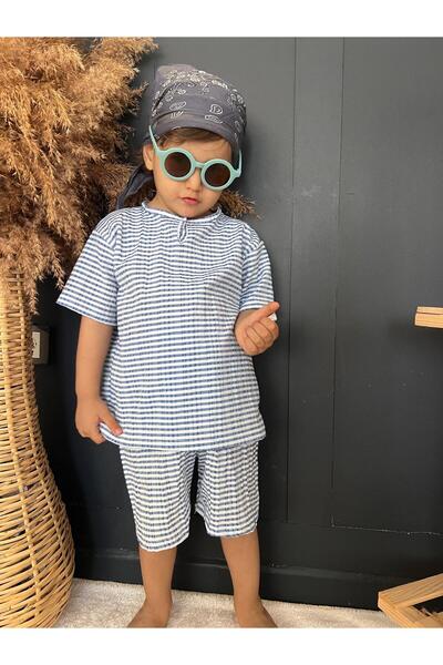 BAHNUR Mavi Baby Children Boy Seersucker Bottom Top Set Summer Bohemia