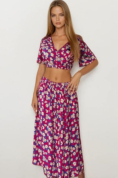 VAGGON Floral Patterned Crop Blouse and Skirt Set