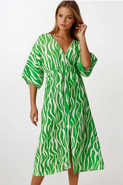 VAGGON Deep V-Neck Slit Detailed Midi Length Dress