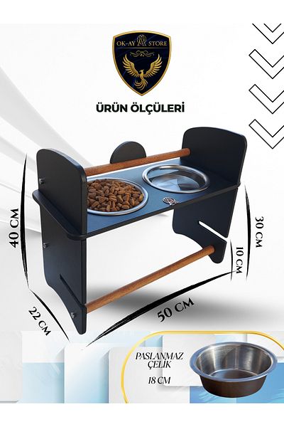 Okay Cat Dog Food and Water Bowl Stand – 2 Tier, Wooden Body, Stainless Bowl