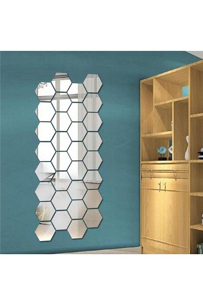 Mirror Set of 12 Decorative Acrylic Crystal Mirrors, Hexagon Shape, Silver, 160x138MM. Regal Trade