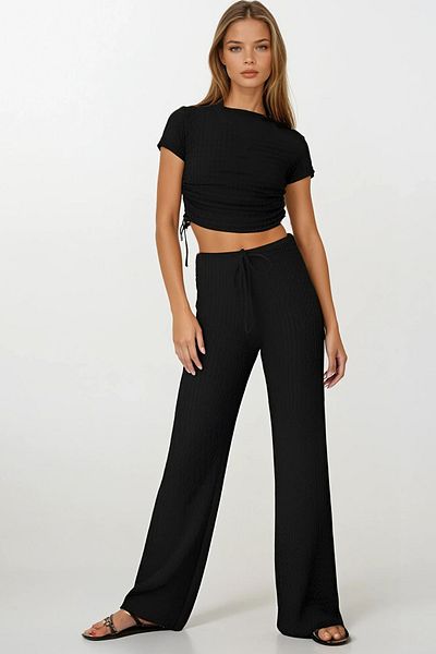 VAGGON Crop Blouse and Trousers Set with Tie Detail