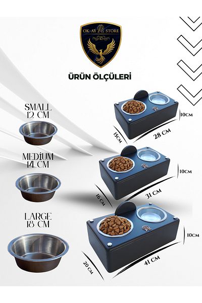 Okay Cat Dog Food and Water Bowl Stand with Stainless Steel Bowl – Wooden Body, Non-Slip Base