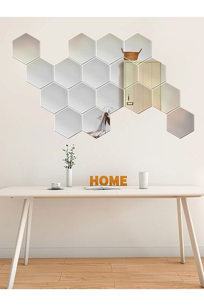 Mirror Set de 8 oglinzi decorative hexagonale din acril, model M, 12x11x6,5 cm, autoadezive