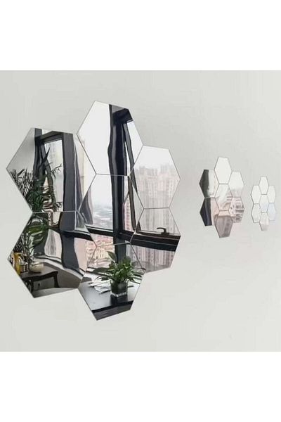 OEM Set 12 self-adhesive decorative plexiglass mirrors, hexagon shape, diameter 15 x 13 cm