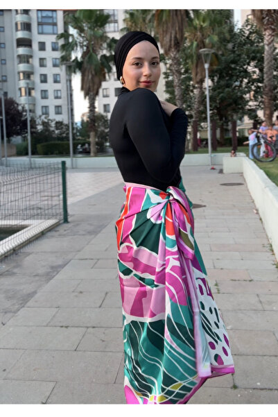 QYMOS PRIVE Pink Patterned Non-Show Chiffon Satin Skirt Pareo 145*95cm