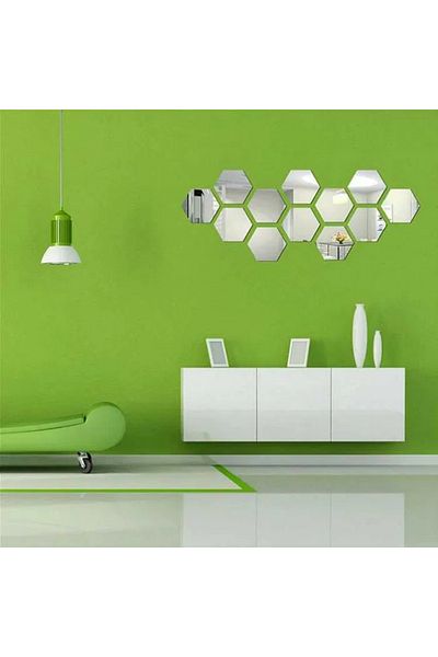 Mirror Set de 24 de oglinzi decorative hexagonale din acril, model M, 12x11x6,5 cm, autoadezive