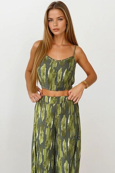 VAGGON Strappy Blouse and Elastic Waist Slit Detailed Palazzo Trousers Set