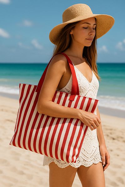 MUCCE Women's Red Striped Beach Bag Large Size Zippered 52×40cm