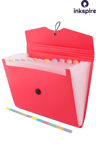 inkspire Bellows File Red Color 13 Compartments 1 Piece Accordion File Pocket Plastic Document Document File