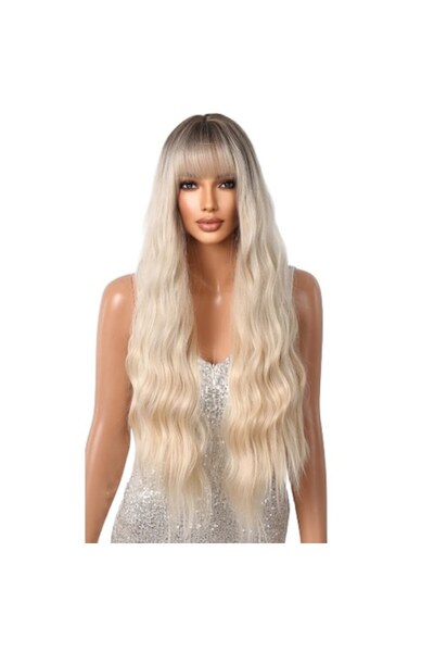 animis beauty Peruca lunga Blonda, ondulata, Animis Beauty ®, fibra sintetica cu aspect natural, cu breton, 80 cm