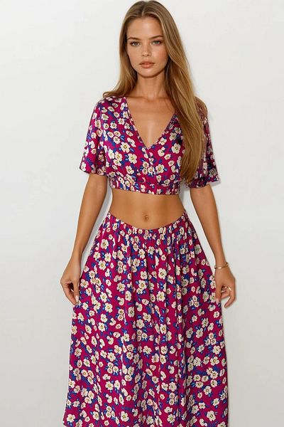 VAGGON Floral Patterned Crop Blouse and Skirt Set