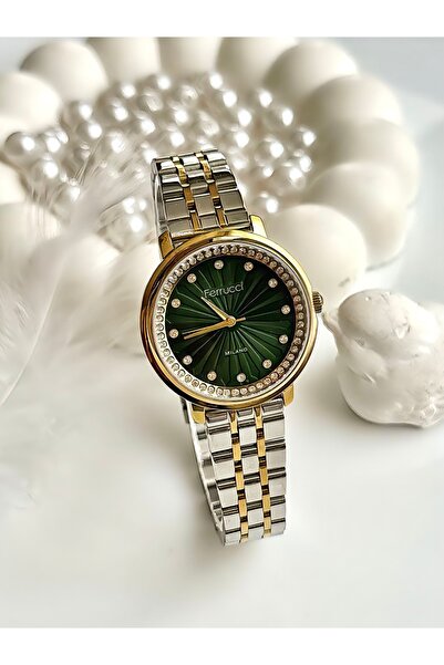 Ferrucci ساعة يد نسائية من FERRUCCİ-(GOLD&GÜMÜŞ) بسوار معدني أخضر اللون