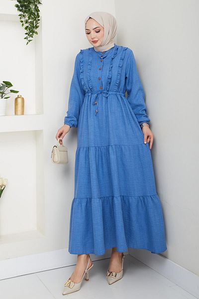 HARMAN BUTİK Women's Ruffle Detailed Buttoned Blue Linen Dress