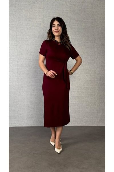 modaserdem Women's Short Sleeve Crew Neck Side Tie Viscose Two Thread Dress