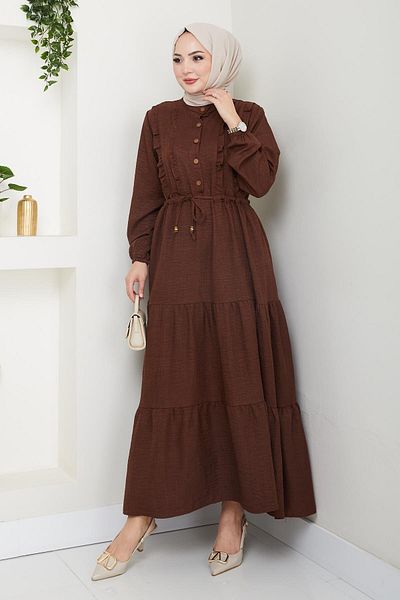 HARMAN BUTİK Women's Ruffle Detailed Buttoned Brown Linen Dress