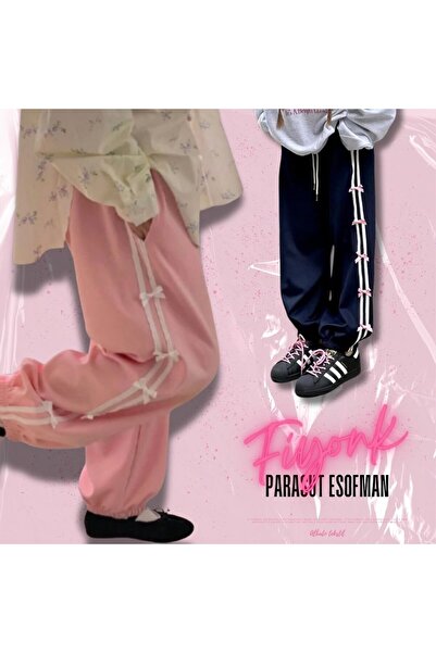 EDVESS Y2k Pink Unisex φαρδύ παντελόνι αλεξίπτωτο / αθλητική φόρμα - Νέα τάση με λεπτομέρεια κορδέλας