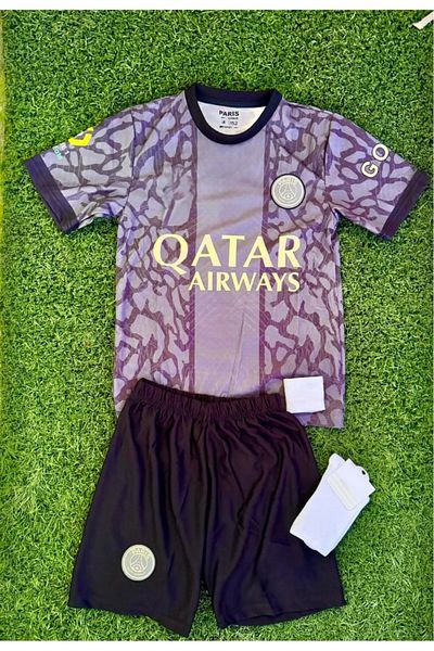BARBITOS Psg Mbappe Black Patterned Home Children's Jersey with Gift Set of 4 Socks Wristband Hd1199