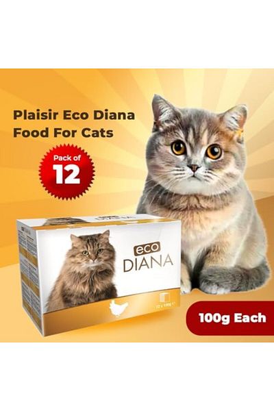 Plaisir Eco Diana Food For Cats, 12 Pouches Of 100G, Delicious Chunks With Chicken In Gravy, Full Of