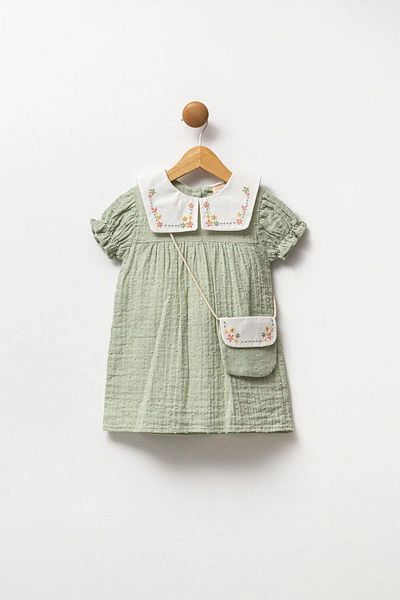 Magu Girl's Cotton Muslin Floral Embroidered Shirt Collar Bag Dress