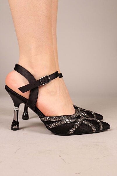 KOCAMANLAR Γυναικεία βραδινά παπούτσια με τακούνι Feles Lace Stone ΜΑΥΡΟ