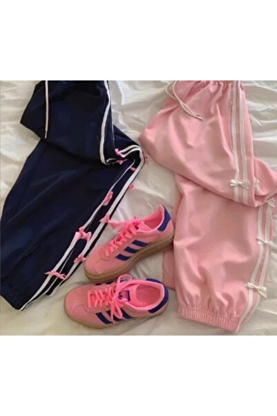 EDVESS Y2k Pink Unisex φαρδύ παντελόνι αλεξίπτωτο / αθλητική φόρμα - Νέα τάση με λεπτομέρεια κορδέλας