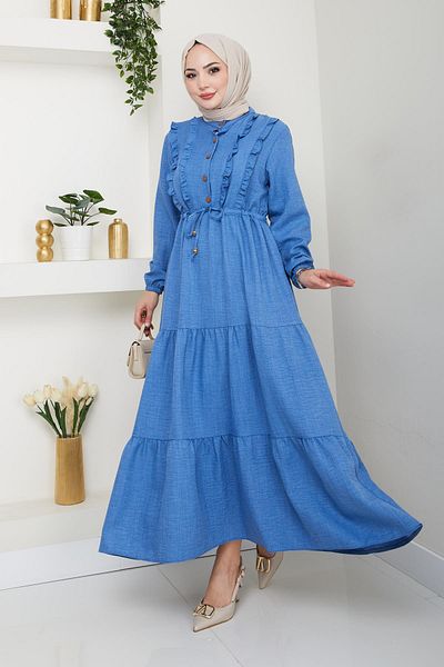 HARMAN BUTİK Women's Ruffle Detailed Buttoned Blue Linen Dress