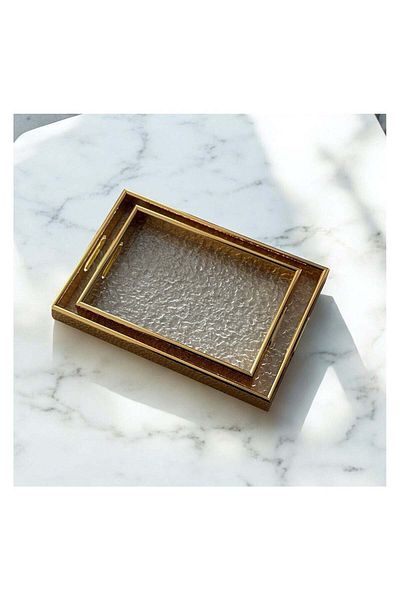 Generic Set of Two Rectangular Glass Wooden Serving Trays with Decorative Design