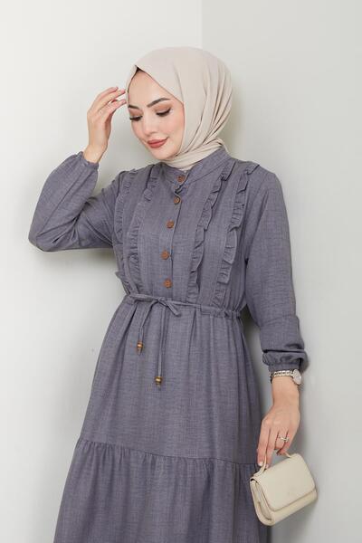 HARMAN BUTİK Women's Ruffle Detailed Buttoned Gray Linen Dress
