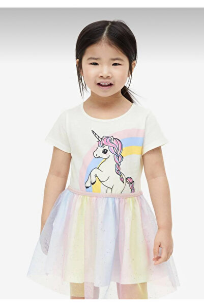 Yuniks Unicorn Tütü Detay Rengarenk Pamuklu Kız Çocuk Elbise