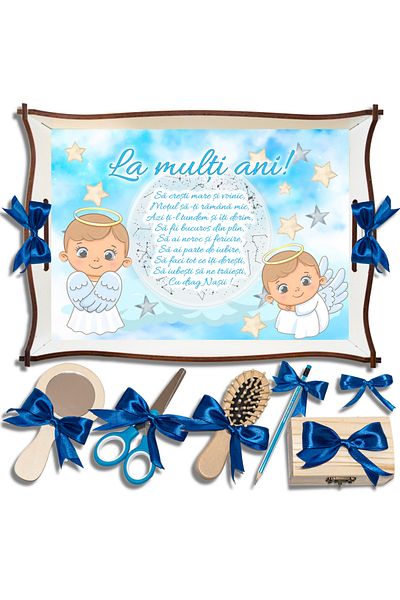OEM Angels ,Mot Tray Set for Boys, 24x32cm, White Color, Blue Bows