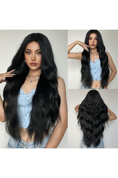 animis beauty Peruca lunga NEAGRA, ondulata, fibra sintetica cu aspect natural, fara breton, 80 cm