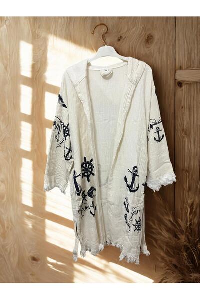 TekStilize Muslin Anchor Patterned Peshtemal Bathrobe and Beach Dress (100% Cotton)