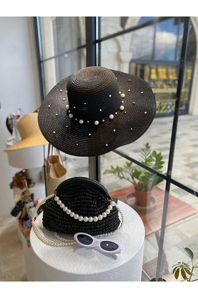 Zeynep Keskin Design Geantă de mână și de umăr din paie pentru femei cu detalii de perle, geantă de tricotat cu perle, pochette portofoliu, căptușită