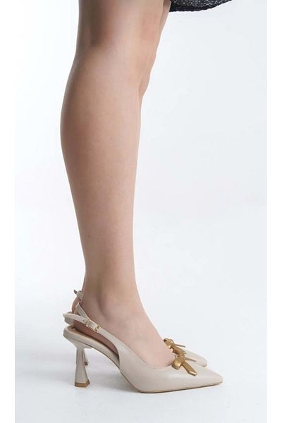 KOCAMANLAR Feles Ribbon Buckle Detailed Open Back Stiletto Women's Heeled Shoes Nut