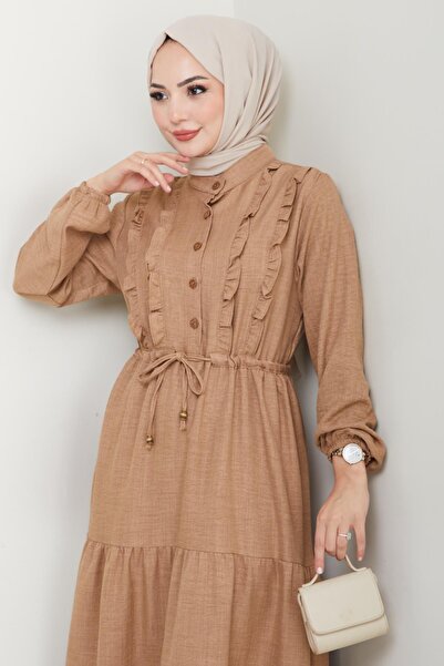 HARMAN BUTİK Γυναικείο βολάν με λεπτομέρεια μπεζ λινό φόρεμα με κουμπιά