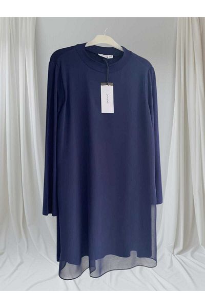 Puane Women's Dark Blue Crew Neck Long Sleeve Chiffon Detailed Underwear-Tunic 10269