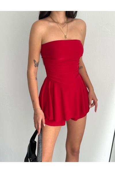 Diviny Rochie de vară roșie fără bretele pentru femei, cu pantaloni scurți și volane