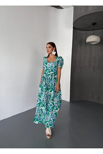 Diviny Women's Square Neck Short Sleeve Long Summer Viscose Dress