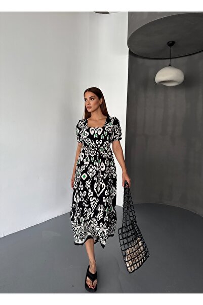 Diviny Women's Square Neck Short Sleeve Long Summer Viscose Dress