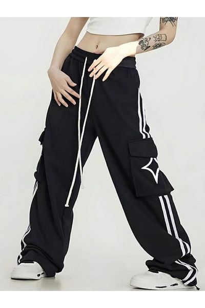 EDVESS Unisex φαρδύ μαύρο παντελόνι - μοτίβο αστεριών