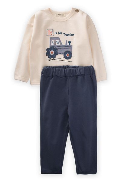 Cigit Tractor Appliqued Sweatshirt Set 1-6 Years Ecru
