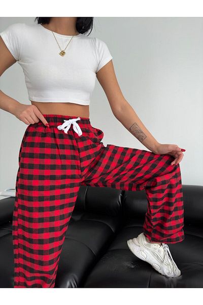 EDVESS Plaid Patterned Red Striped Sweatpants