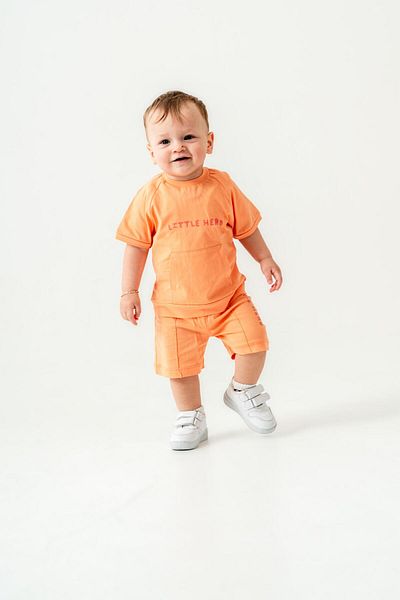 Magu Boys' Cotton Orange "Little Hero" Written Shorts Set - Pocket T-Shirt