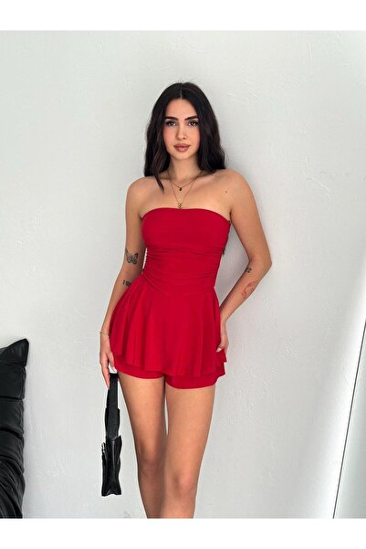 Diviny Women's Red Strapless Skirt Ruffled Summer Dress with Shorts