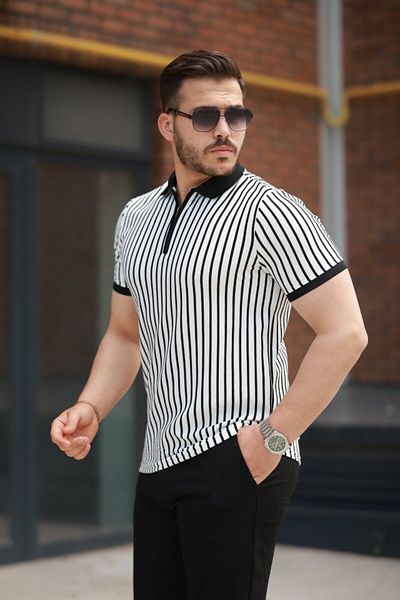 Modayakamoz Tricou cu mânecă scurtă cu guler cu fermoar în dungi pentru bărbați