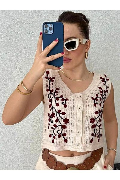 Modriq Women's Vest Knitted Crop Buttoned Summer Casual