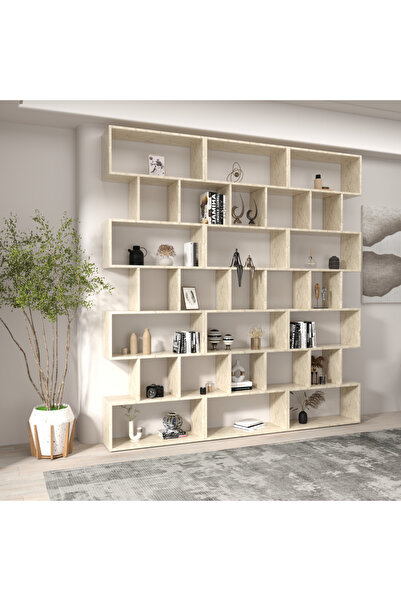 klubeconcept Yerden Tavana Traverten Desenli Kitaplık Dekoratif Büyük Boy Raf Ünitesi 100% MDF
