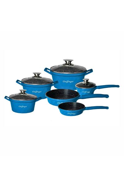 cheffinger Set de tigăi Diamond cu 6 piese, acoperire din marmură, albastru